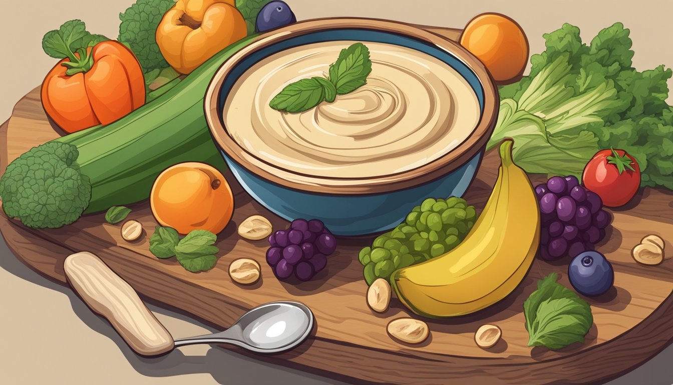 A small bowl of tahini with a spoon, surrounded by various fruits and vegetables on a wooden cutting board