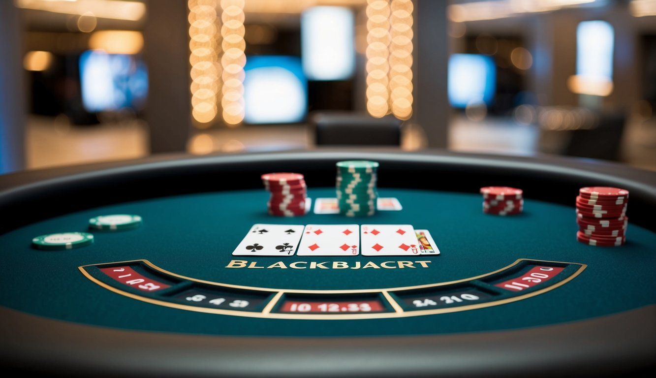 Sebuah meja blackjack digital dengan kartu dan chip, ditempatkan di latar belakang yang ramping dan modern