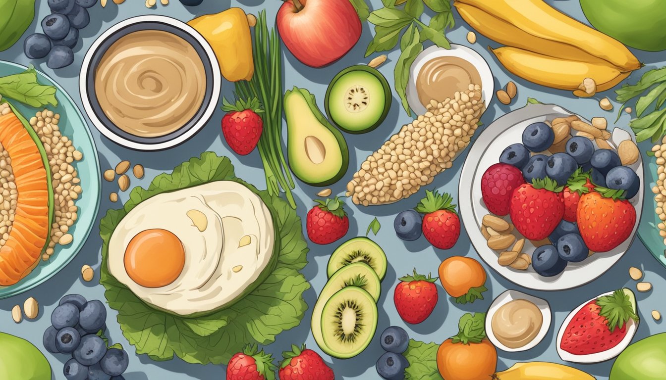 A colorful plate with a variety of balanced diet foods, including tahini, surrounded by fruits, vegetables, and whole grains