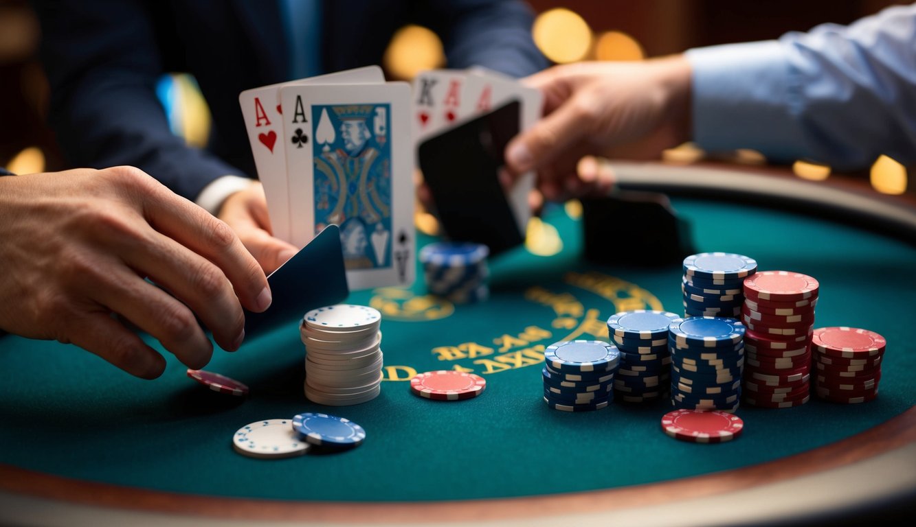 Meja blackjack virtual dengan kartu yang dibagikan dan chip yang ditumpuk