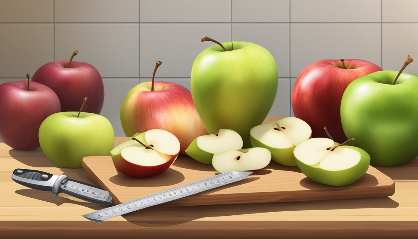 A variety of apples arranged on a cutting board with a knife, measuring tape, and a glycemic index chart in the background