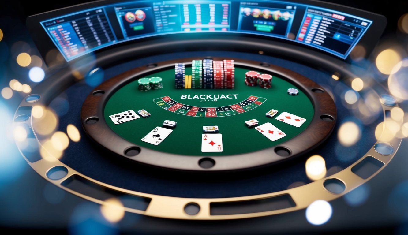 Meja blackjack virtual dengan kartu dan chip, dikelilingi oleh antarmuka digital dan perspektif pemain