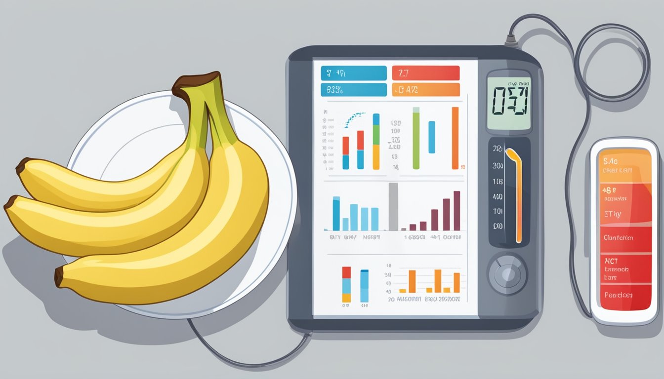 A ripe banana sits on a white plate next to a blood glucose monitor and a chart showing glycemic index levels