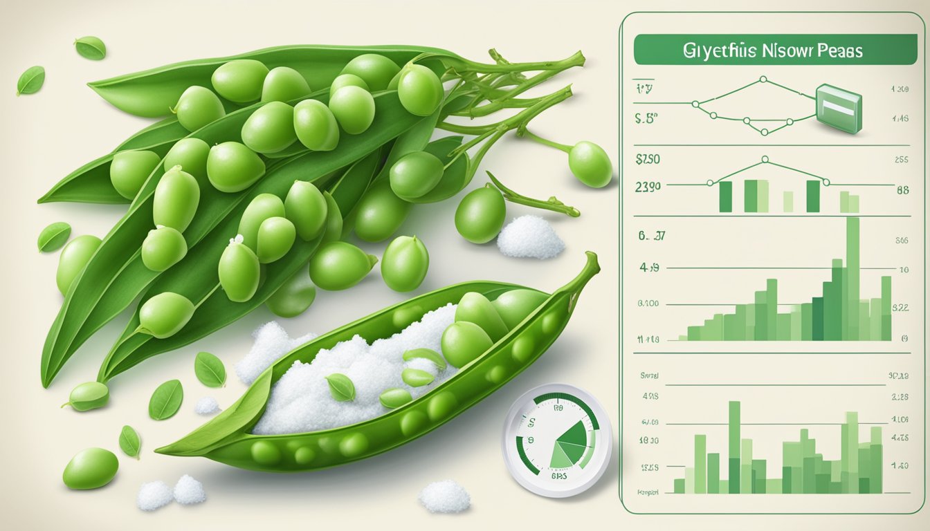 A pile of fresh snow peas arranged next to a glycemic index chart