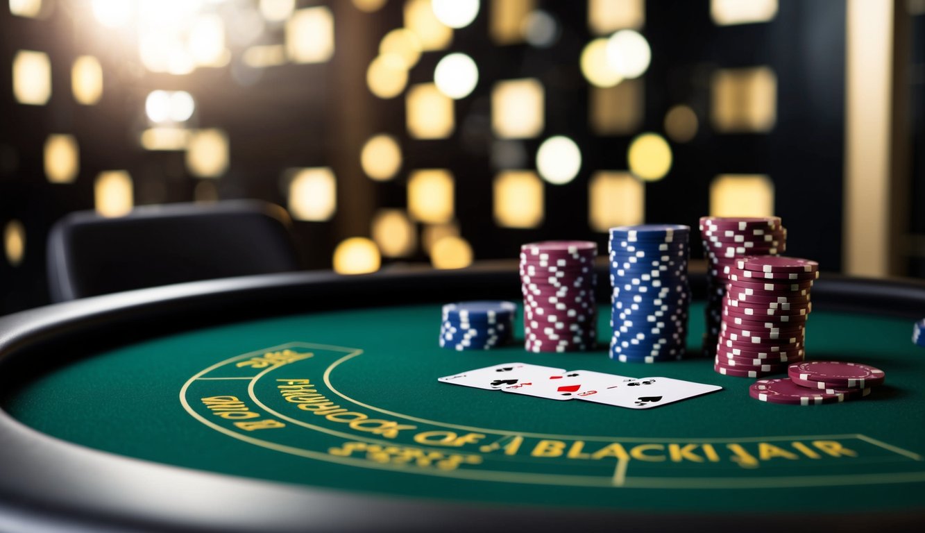 Sebuah meja blackjack online yang ramping dengan kartu dan chip virtual, dikelilingi latar belakang yang bergaya dengan suasana modern dan canggih