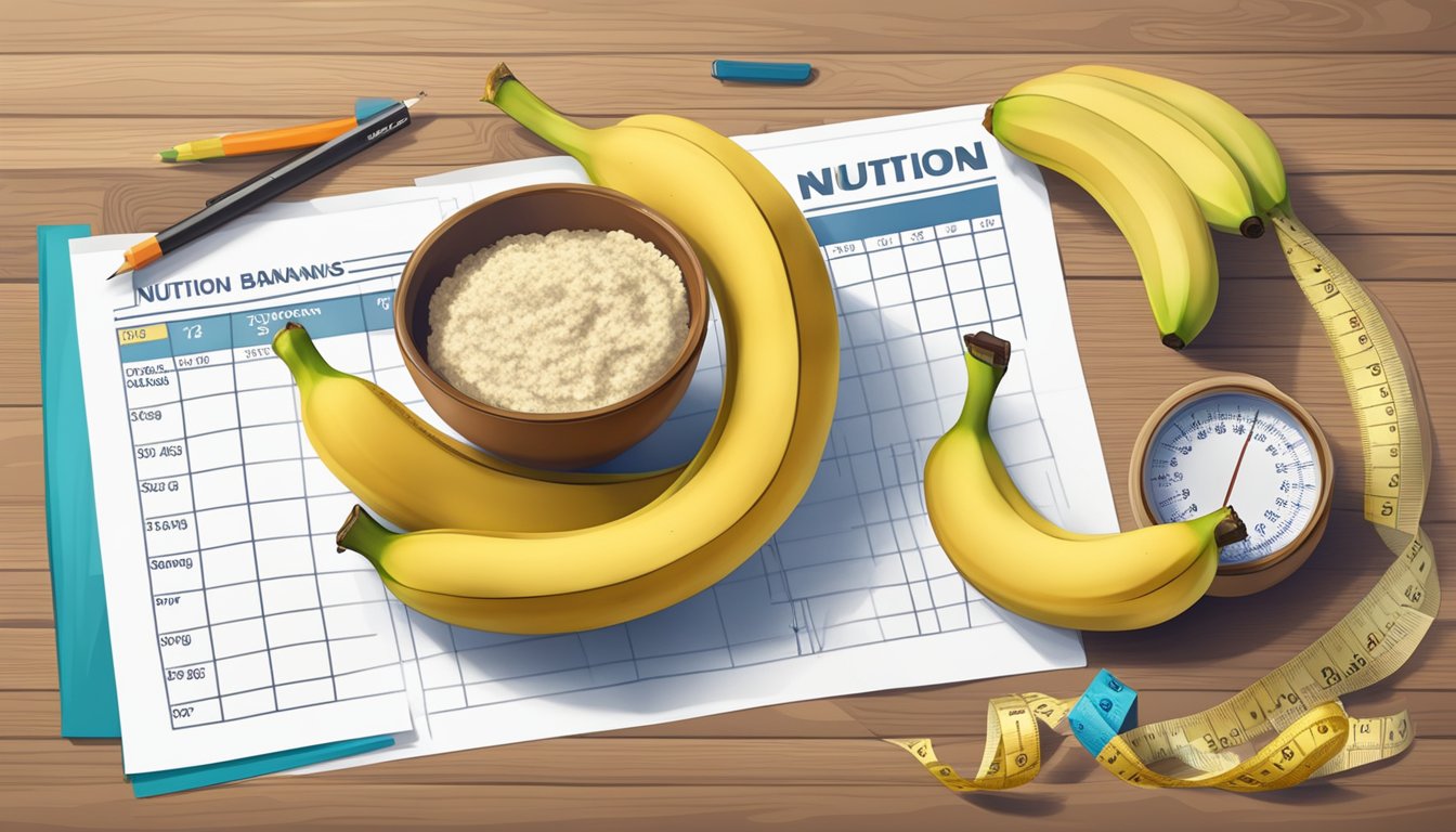 A bowl of ripe bananas next to a measuring tape and a nutrition chart