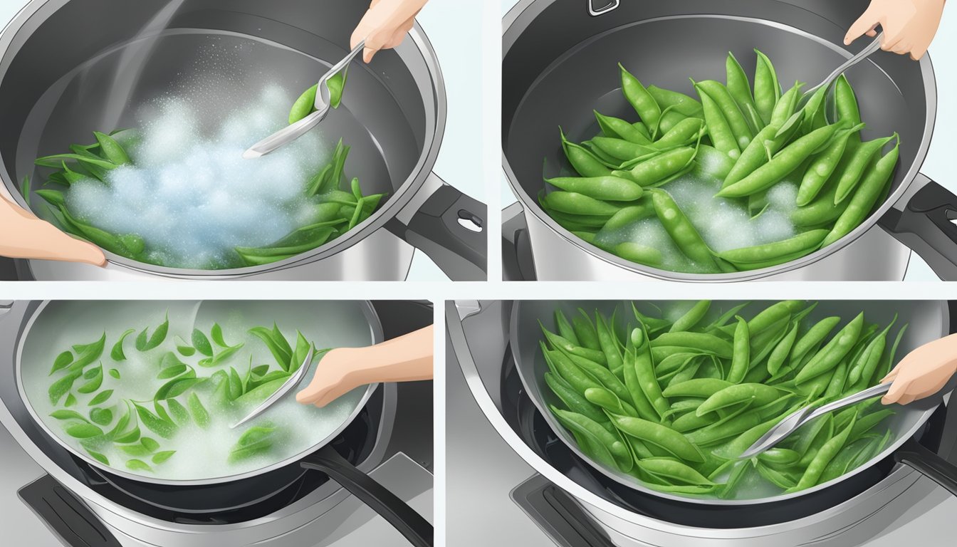 Snow peas being washed and trimmed, then blanched in boiling water, followed by being shocked in ice water