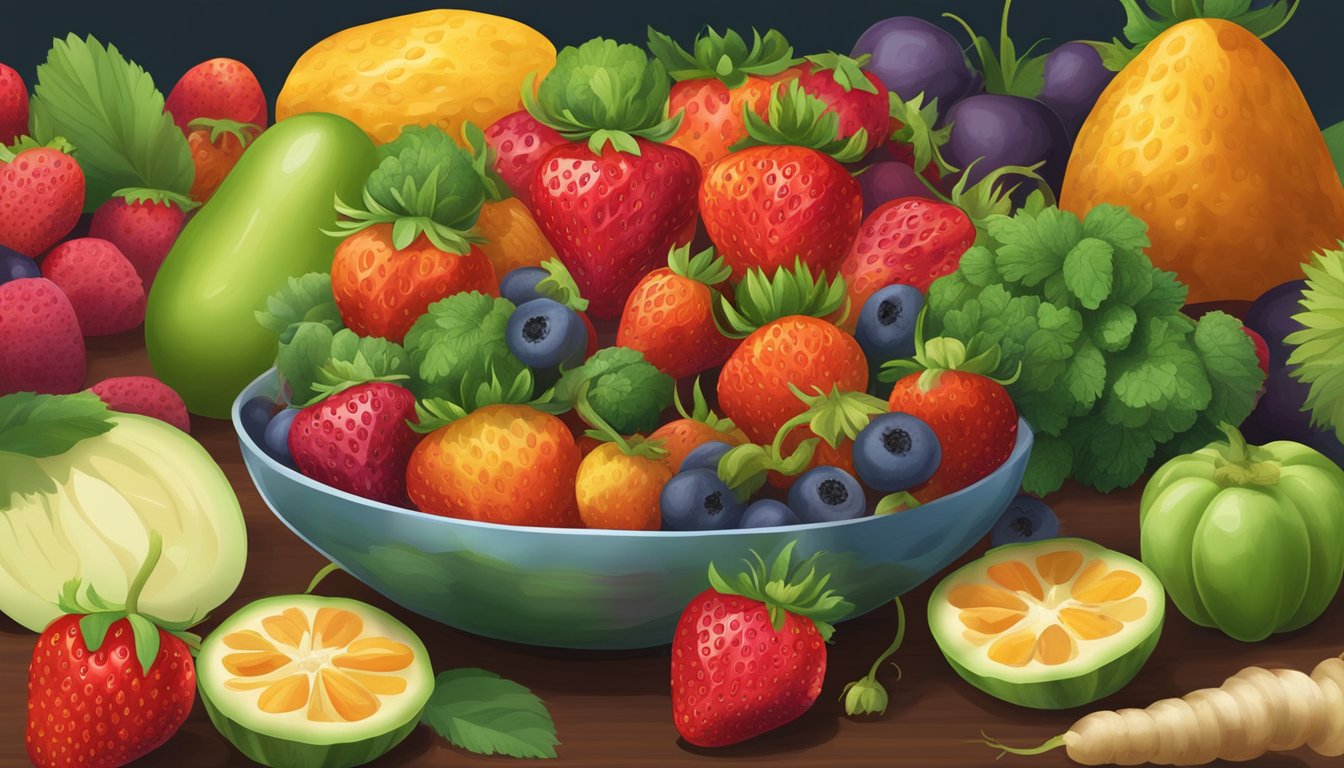 A bowl of fresh strawberries surrounded by a variety of other fruits and vegetables, with a nutrition label next to it