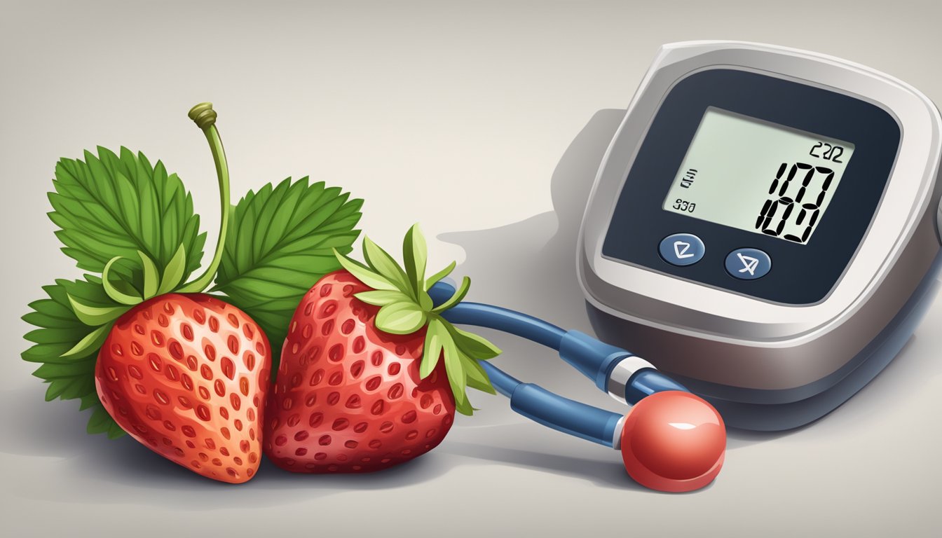 A ripe strawberry placed next to a blood sugar monitor