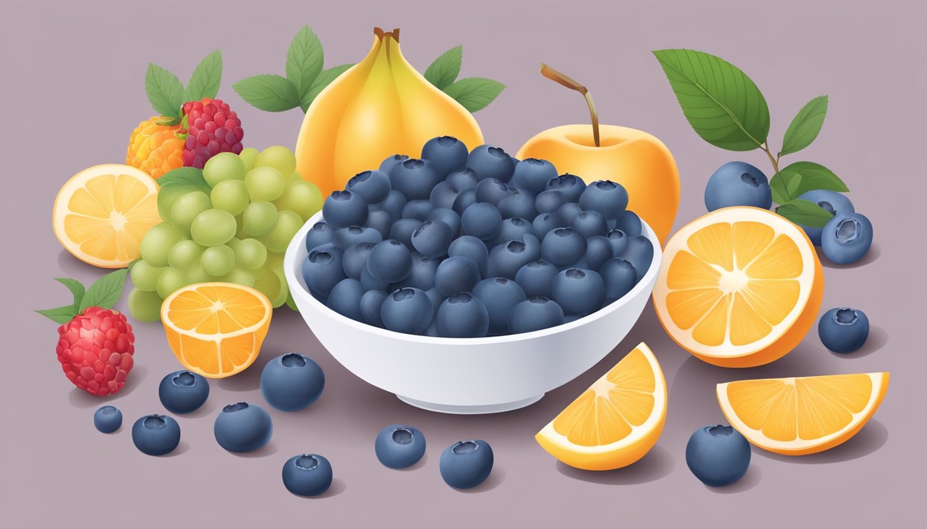 A bowl of fresh blueberries surrounded by a variety of fruits and a glycemic index chart