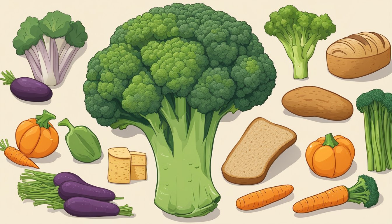 A head of broccoli surrounded by a variety of foods with different glycemic indexes, such as carrots, bread, and pasta, displayed on a table