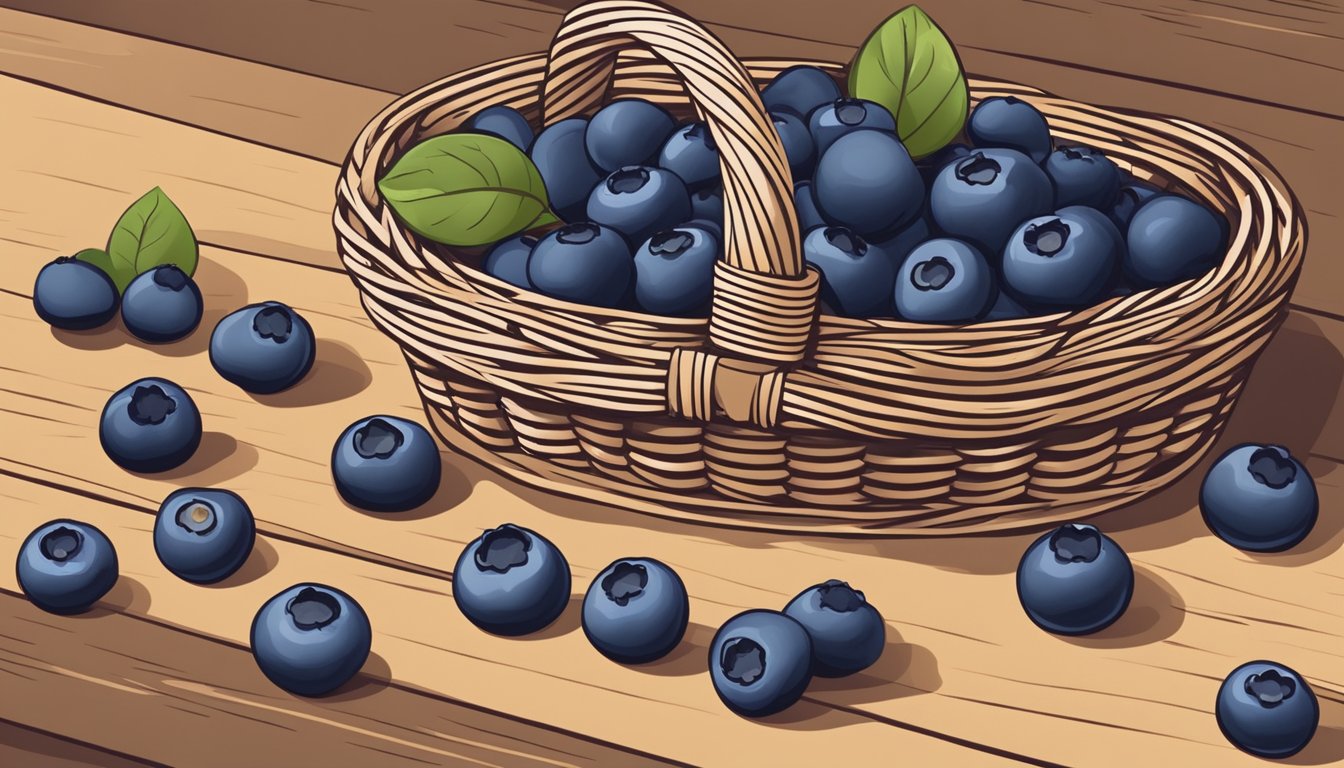 Fresh blueberries arranged in a wicker basket, with a few spilled on a wooden tabletop. A hand reaches for one berry