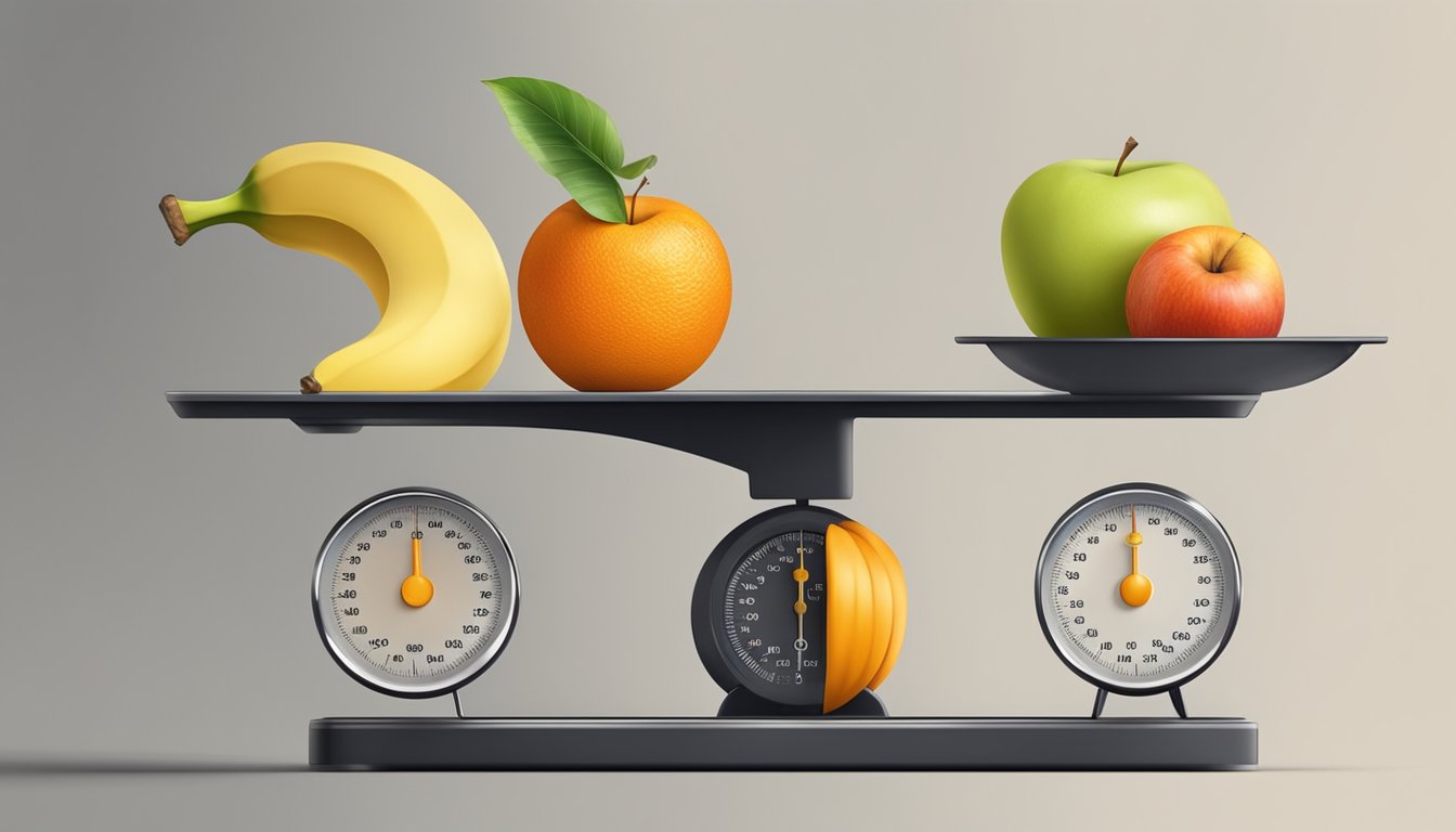 A ripe orange sits on a scale next to a banana and apple