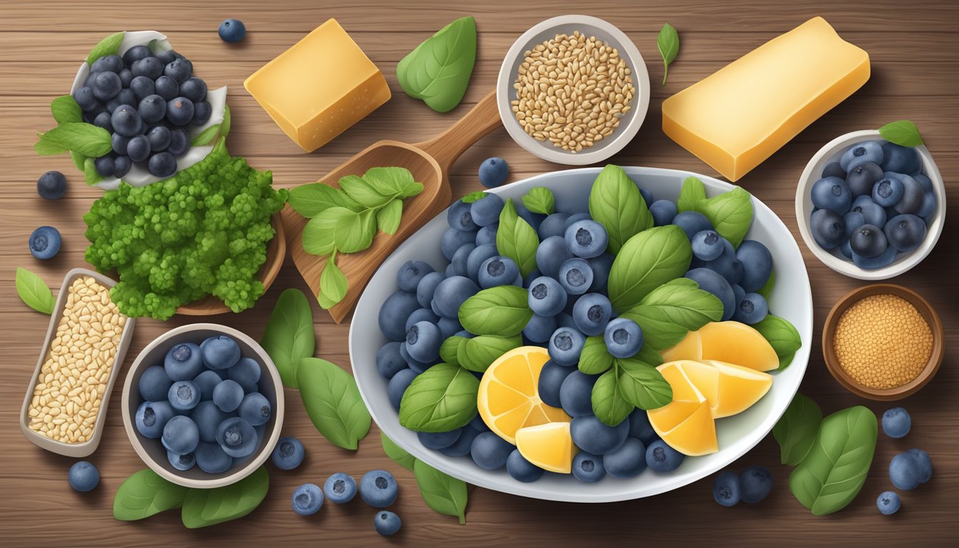 A bowl of fresh blueberries surrounded by a variety of low-GI foods such as whole grains, leafy greens, and lean proteins on a wooden table