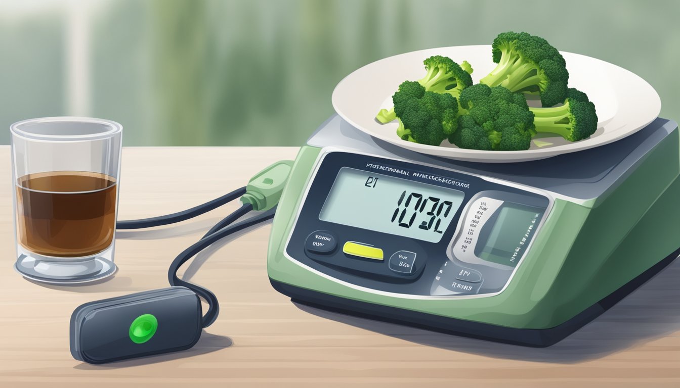 A plate of steamed broccoli next to a blood sugar monitor