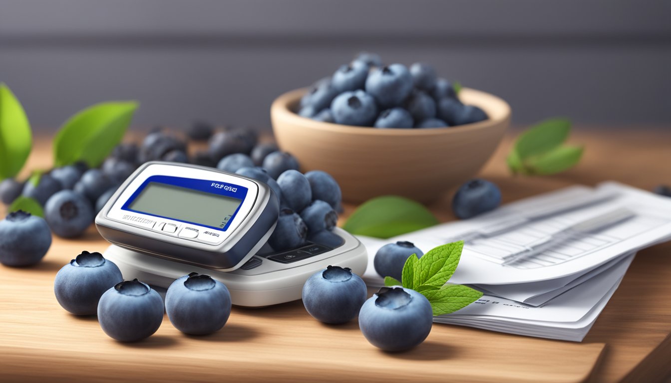 A pile of fresh blueberries arranged on a wooden cutting board, with a blood glucose meter and a research paper on blueberry glycemic index in the background