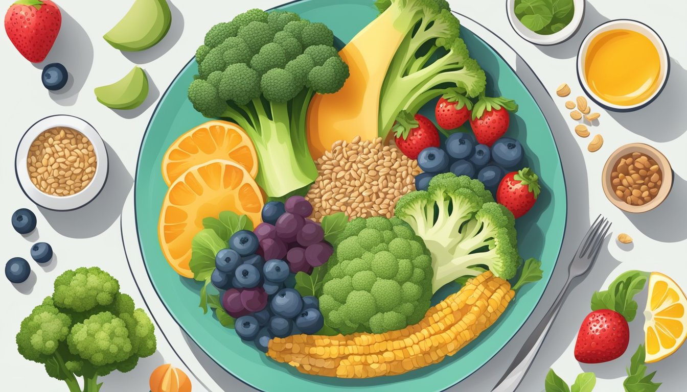 A colorful plate with broccoli, surrounded by other healthy foods like fruits and whole grains