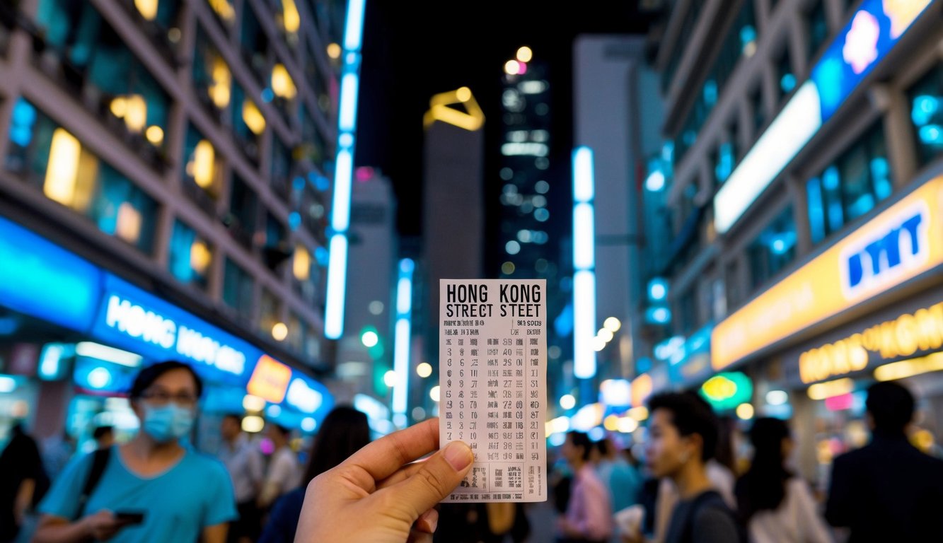 Sebuah jalan Hong Kong yang ramai di malam hari, dengan lampu terang, gedung-gedung tinggi, dan orang-orang membeli tiket lotere