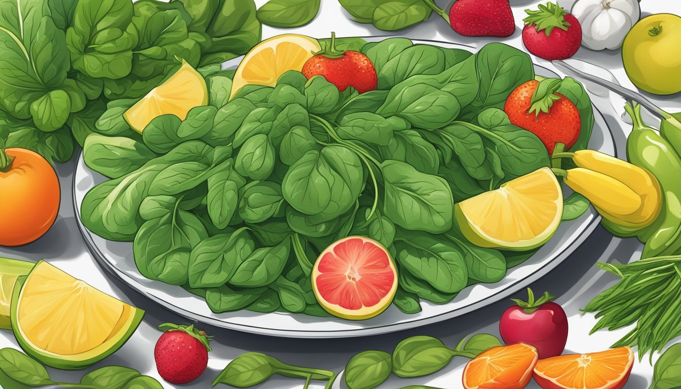 A plate of fresh spinach surrounded by a variety of fruits and vegetables, with a focus on the spinach