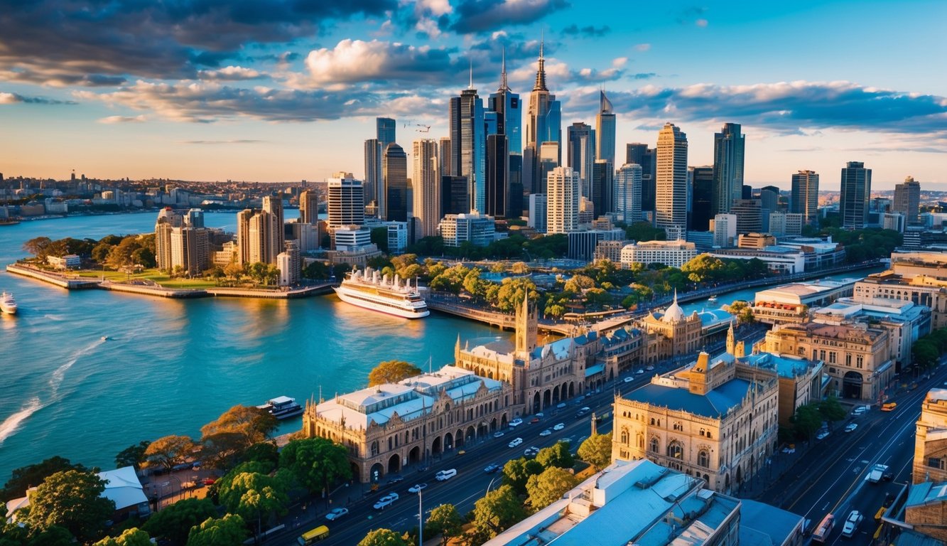 Sebuah pemandangan kota yang ramai dengan landmark ikonik dan pemandangan jalan yang hidup, menangkap energi dan keberagaman Sydney