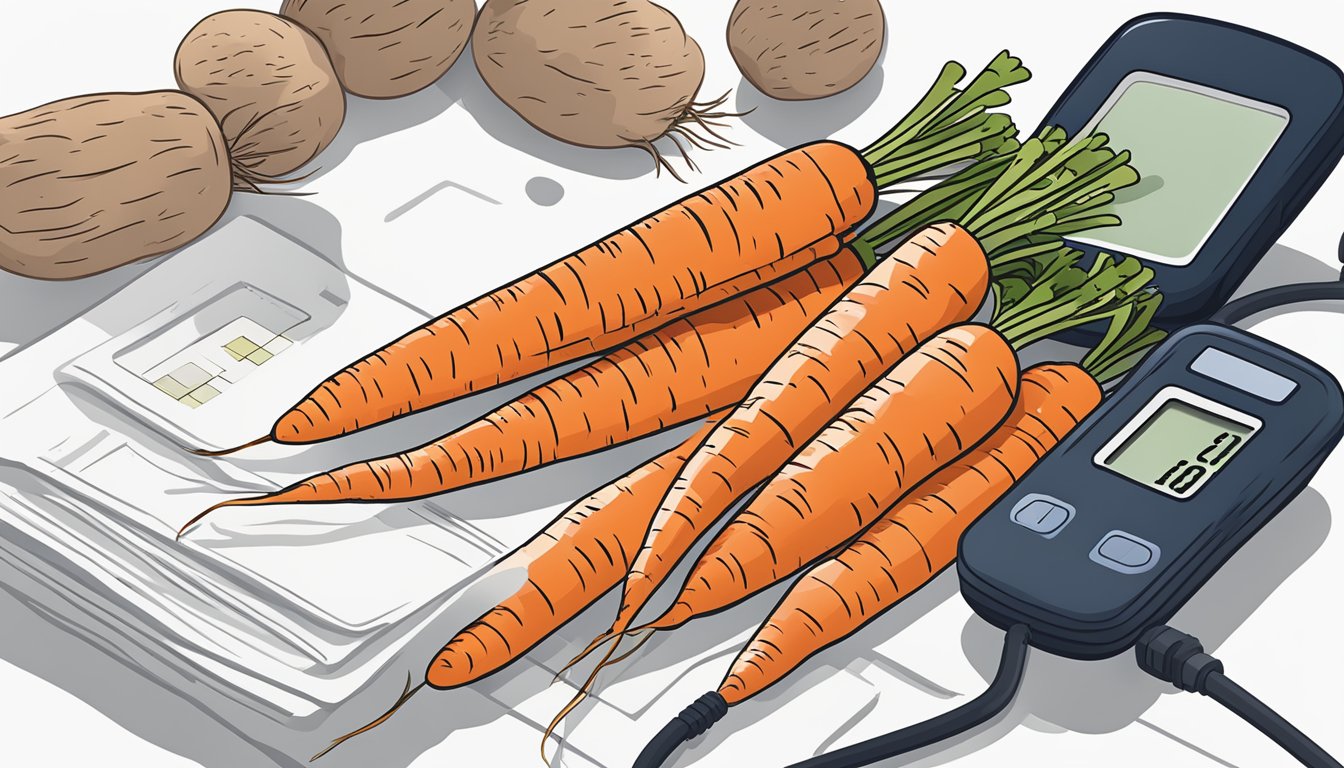 A pile of carrots arranged next to a blood glucose monitor showing a high reading