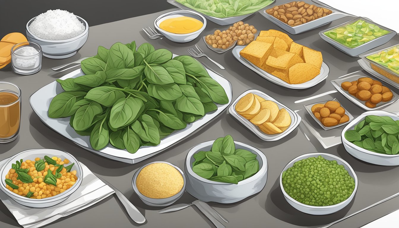 A table set with a variety of foods, including spinach, with a focus on nutritional labels and glycemic index charts