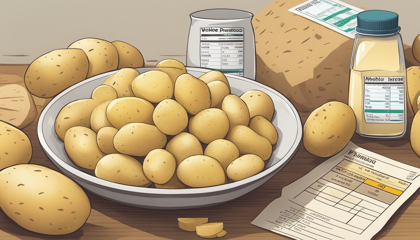 A pile of whole and sliced potatoes arranged next to a nutrition label and glycemic index chart