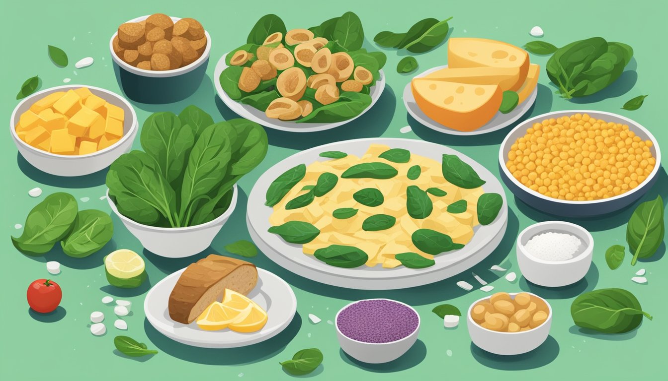 A plate with spinach surrounded by various other foods with their respective glycemic index values displayed next to them