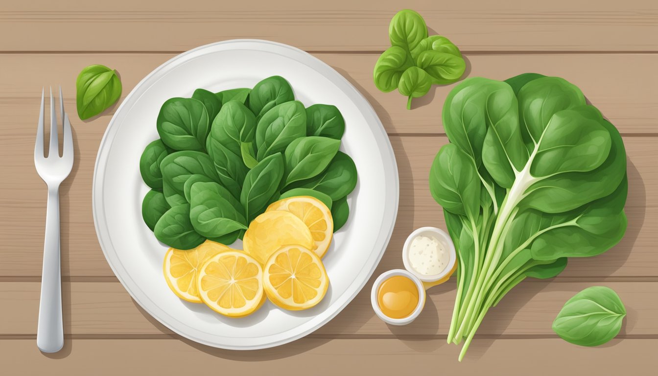 A plate with spinach leaves and low-glycemic index foods arranged in a visually appealing manner