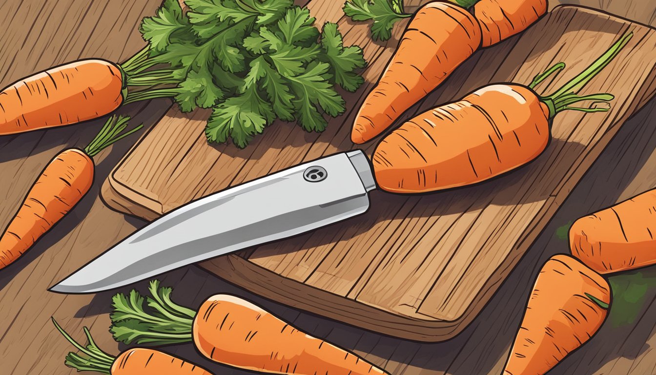 A colorful assortment of fresh carrots arranged on a wooden cutting board, with a knife nearby