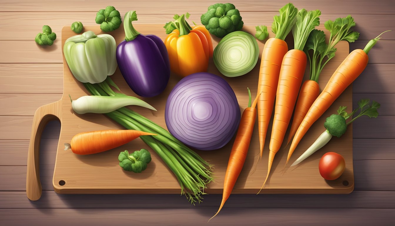 A variety of colorful vegetables arranged on a wooden cutting board, with a focus on a single carrot in the foreground