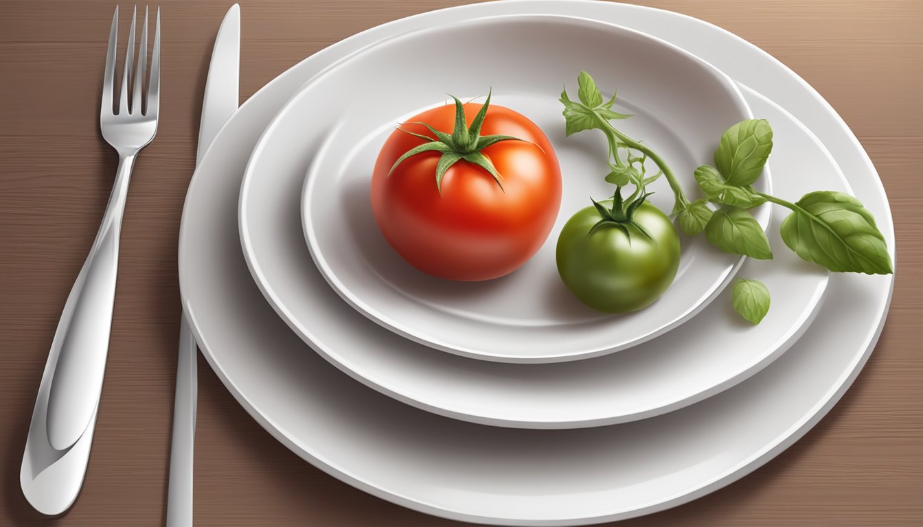 A ripe red tomato sitting on a white plate next to a fork and knife