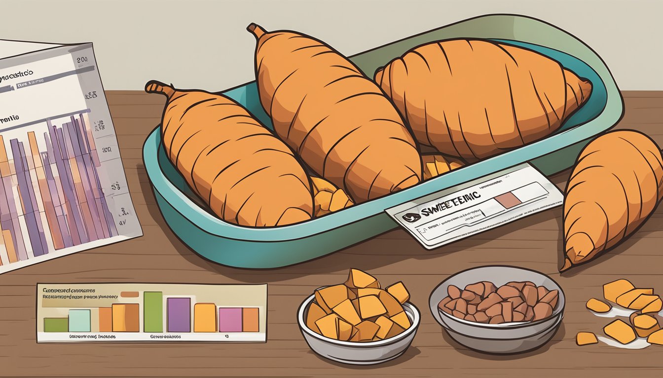 A colorful array of sweet potatoes arranged next to a nutrition label, with a graph showing the sweet potato glycemic index in the background