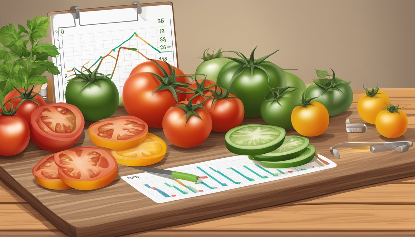 A variety of ripe tomatoes arranged on a wooden cutting board, with a glycemic index chart in the background