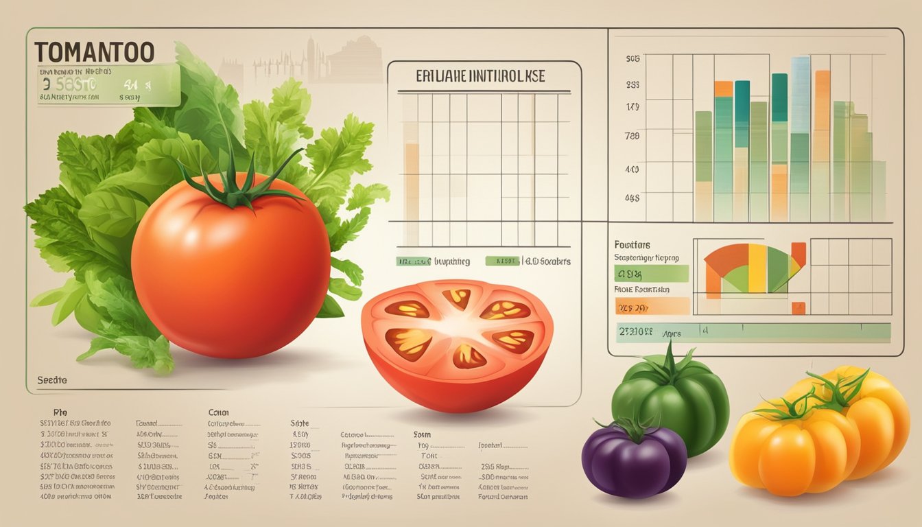 A ripe tomato surrounded by a variety of fresh vegetables and fruits, with a nutrition label and glycemic index chart displayed nearby