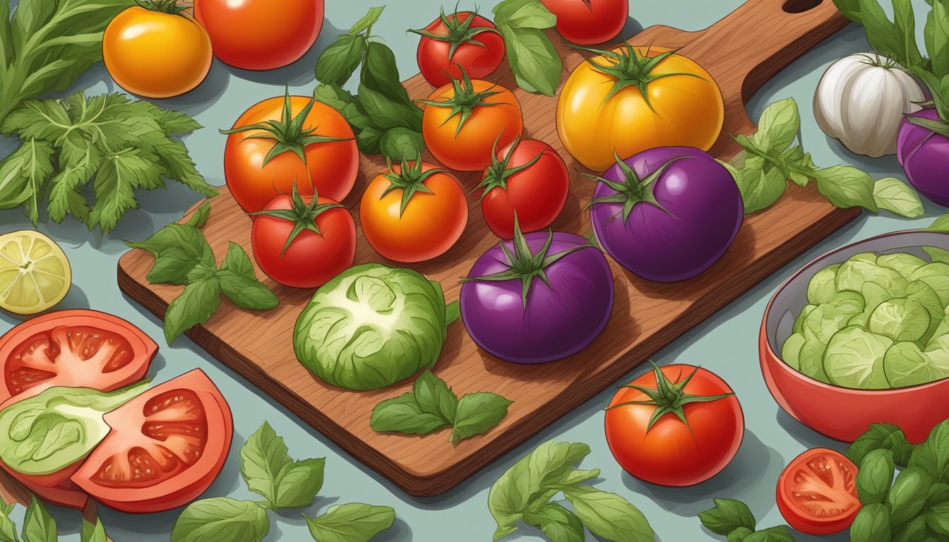 A variety of fresh tomatoes arranged on a cutting board, surrounded by colorful vegetables and herbs