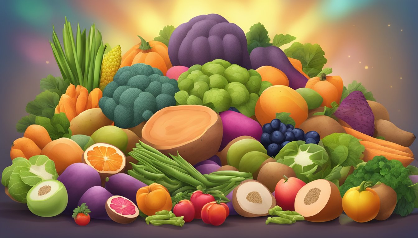 A pile of sweet potatoes surrounded by a variety of colorful fruits and vegetables, with a glowing halo around the sweet potatoes to emphasize their low glycemic index