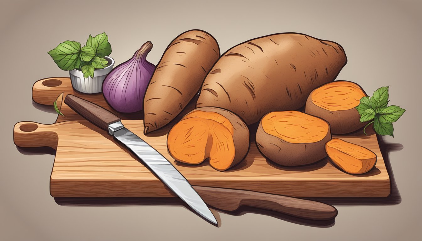 A variety of sweet potatoes arranged on a wooden cutting board, with a knife and different cooking utensils scattered around