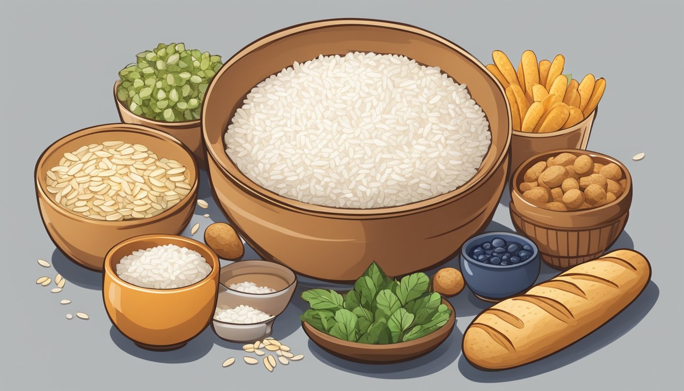 A bowl of white rice surrounded by various foods with high glycemic index ratings, such as bread, potatoes, and sugary snacks