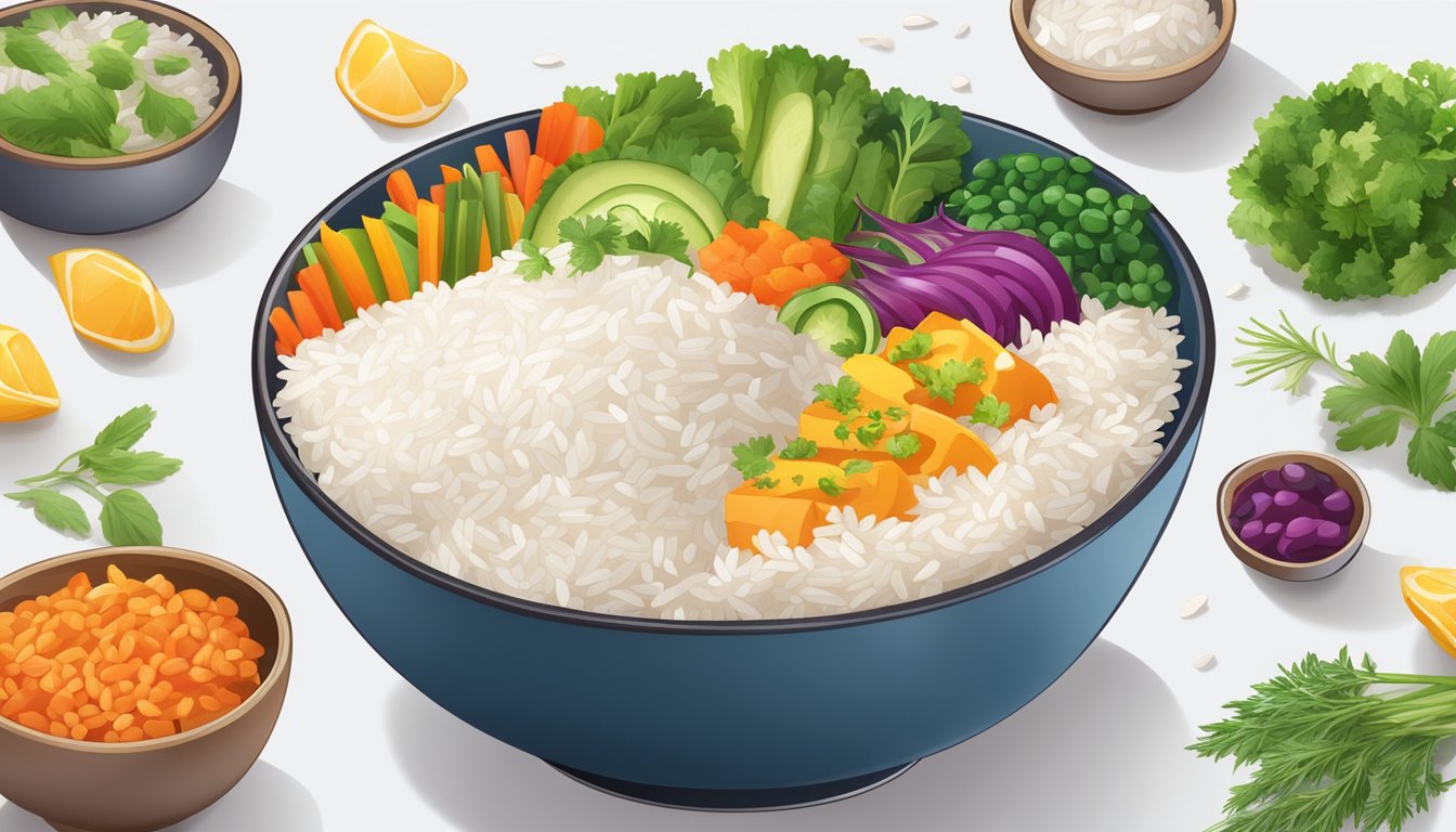 A bowl of white rice surrounded by colorful, nutrient-rich ingredients such as vegetables, lean protein, and herbs