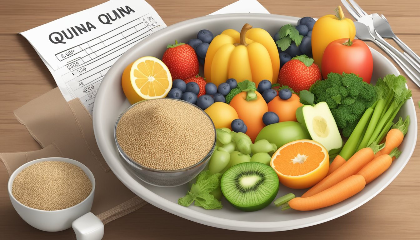 A bowl of cooked quinoa surrounded by a variety of fresh fruits and vegetables, with a glycemic index chart in the background