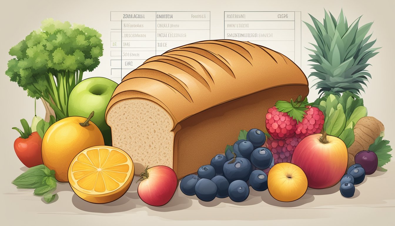 A loaf of whole wheat bread surrounded by a variety of fresh, colorful fruits and vegetables, with a glycemic index chart in the background