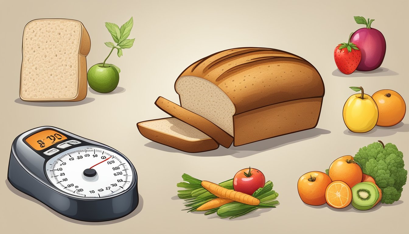 A loaf of whole wheat bread surrounded by a variety of fruits and vegetables, with a nutrition label and a blood sugar meter nearby