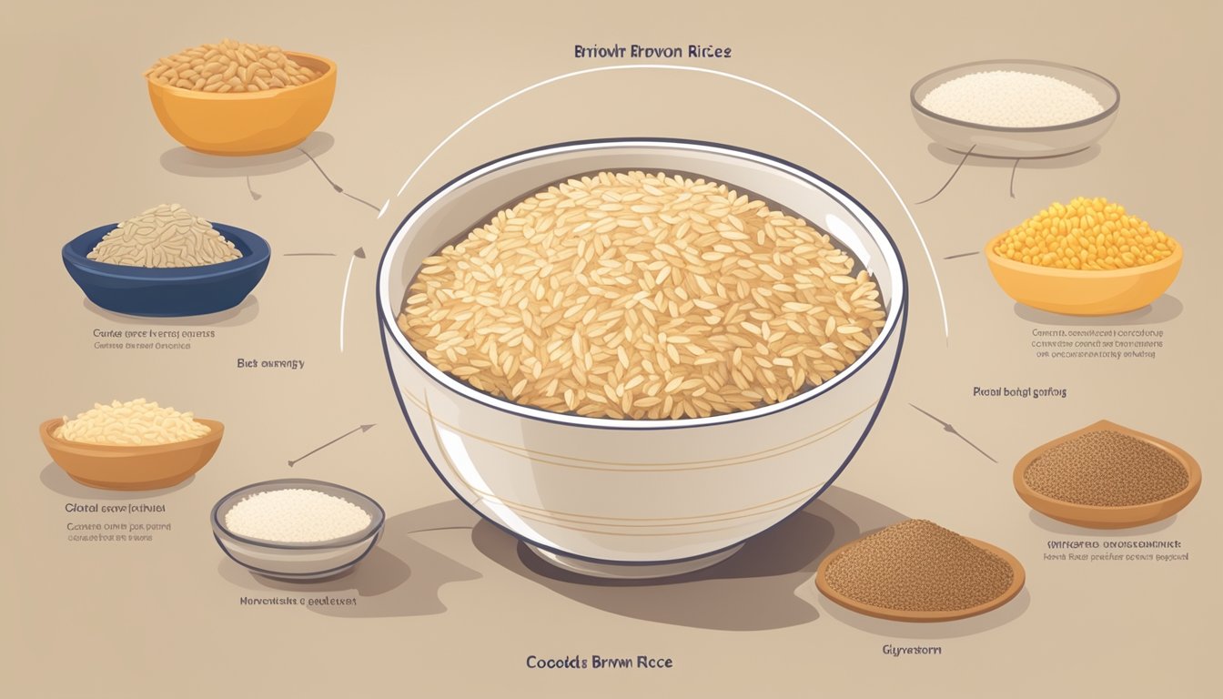 A bowl of cooked brown rice surrounded by various whole grains and a glycemic index chart