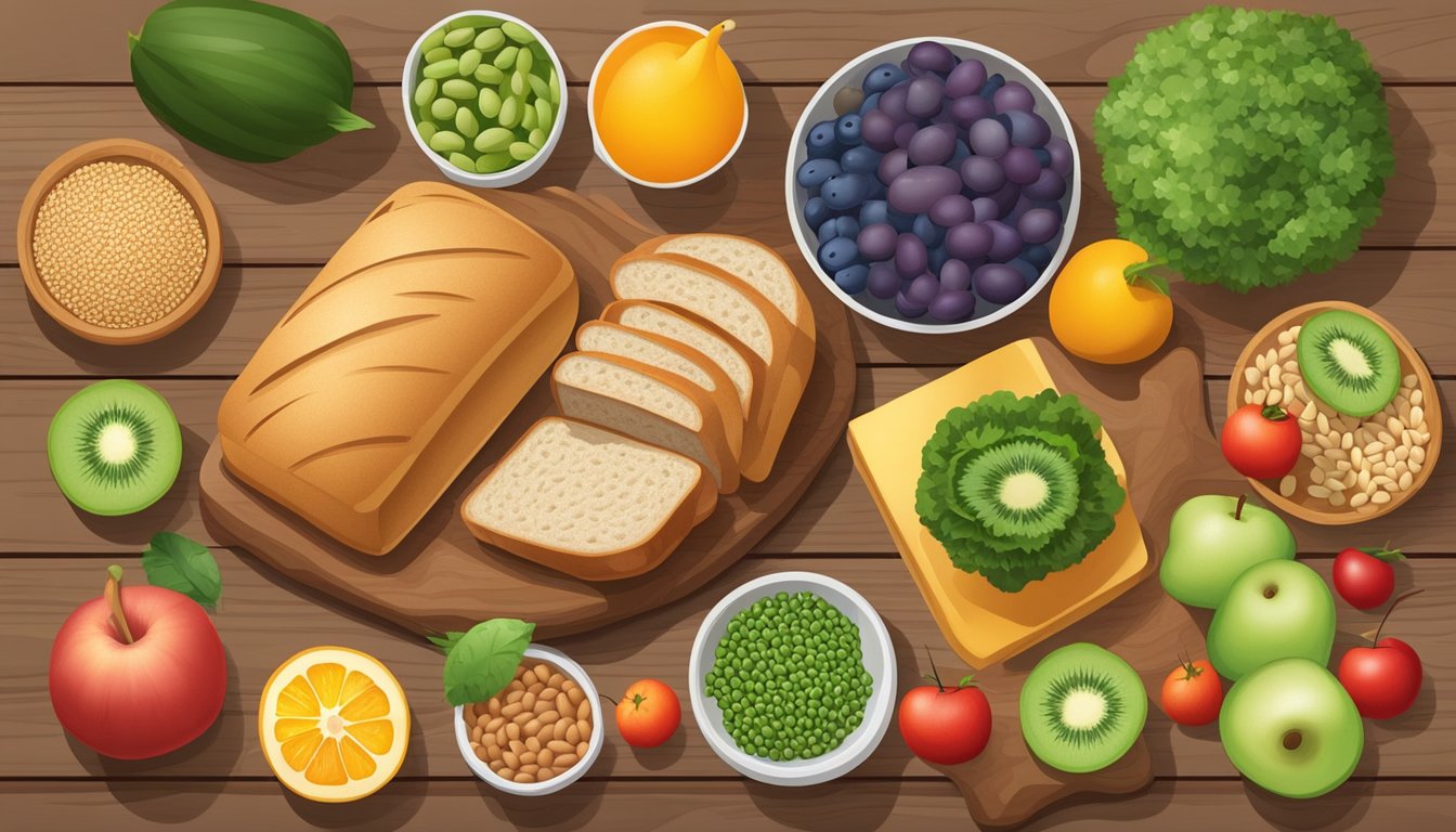 A loaf of whole wheat bread surrounded by a variety of low glycemic index foods, such as fruits, vegetables, and legumes, on a wooden cutting board