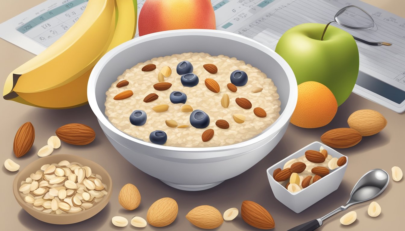 A bowl of oatmeal surrounded by a variety of fruits and nuts, with a glucometer and a chart showing glycemic index values in the background