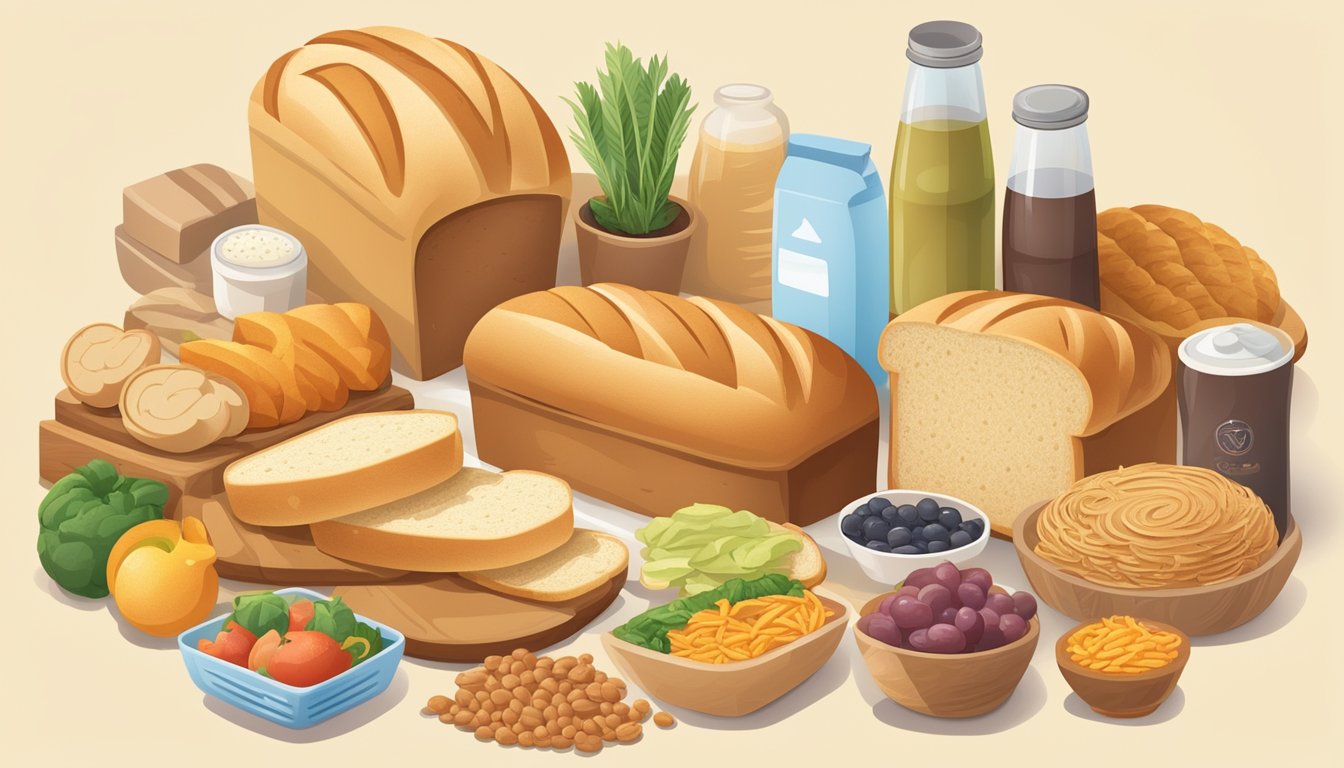 A loaf of white bread surrounded by a variety of healthy and unhealthy food options, with a focus on the glycemic index values of each