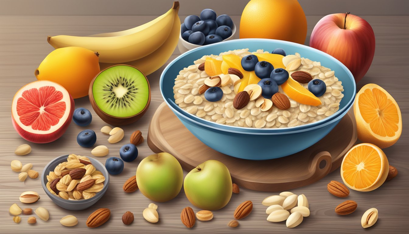 A bowl of oatmeal surrounded by a variety of fruits and nuts on a wooden table