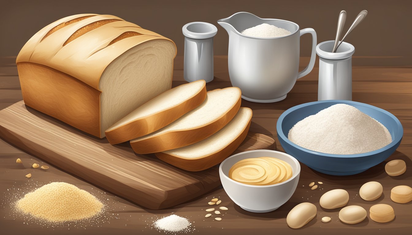 A loaf of white bread sliced on a wooden cutting board with ingredients like flour, yeast, and sugar scattered around, and a mixing bowl and measuring cups nearby