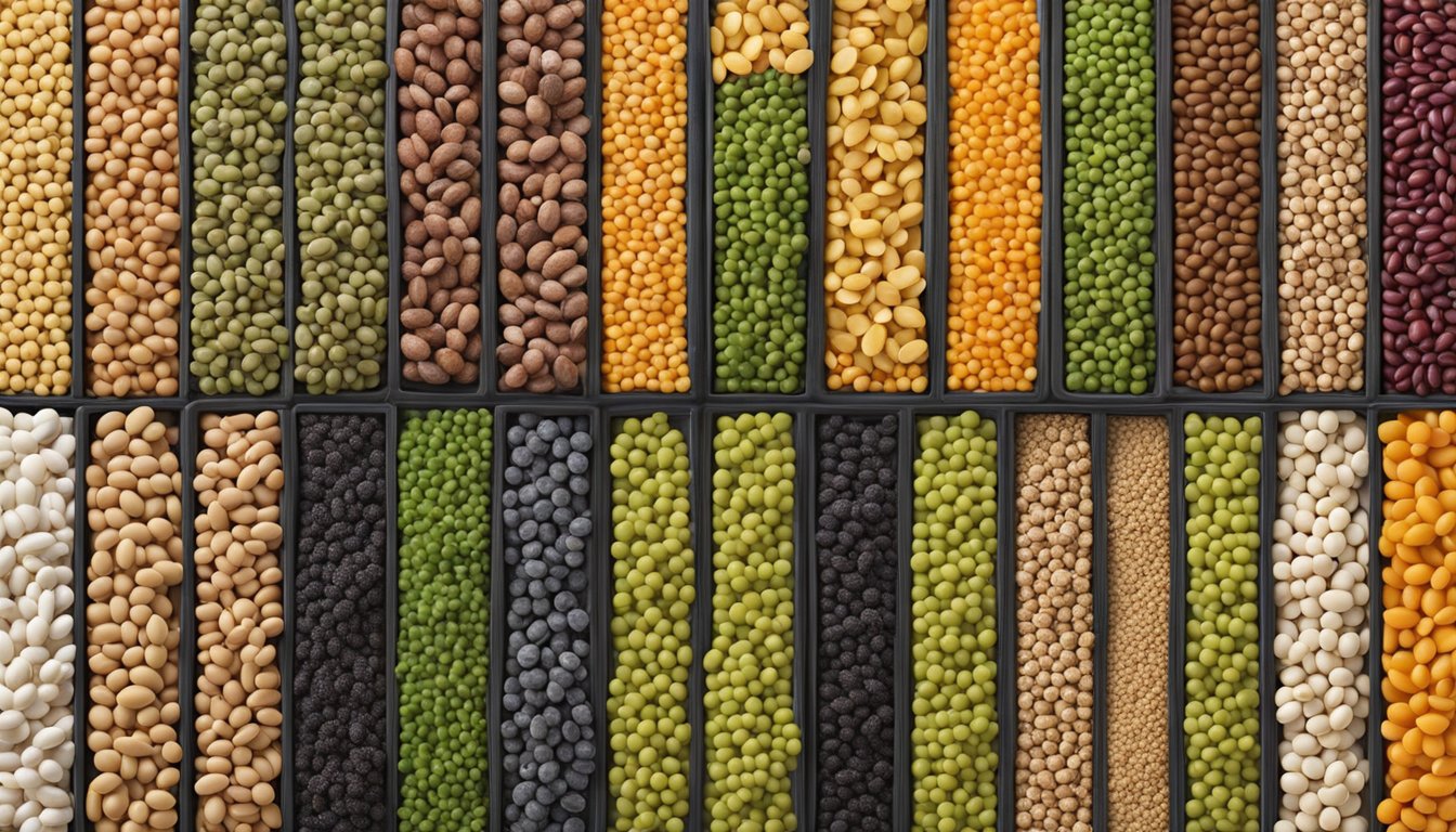 A variety of legumes arranged in a row, with lentils highlighted and compared to other legumes